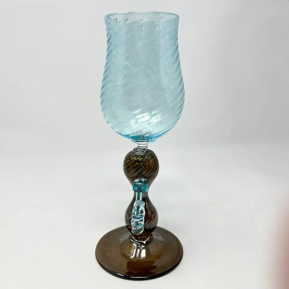 Murano Style Goblet Art Glass Signed Venetian Blue Amber Brown Hand Blown